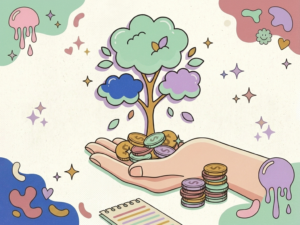 Illustrated retro-pastel money tree growing from coins in an open hand — featured image for 3 Essential Lessons I Learned Growing a Business